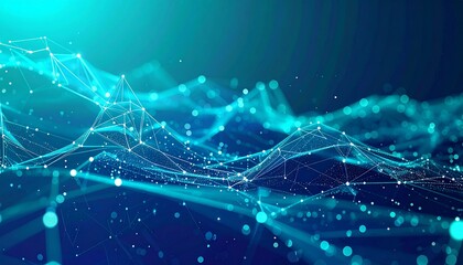 Abstract AI interface backdrop, floating data nodes linked by micro-light connections, transparent glass shapes, gradient turquoise–indigo, modern 2026 branding style