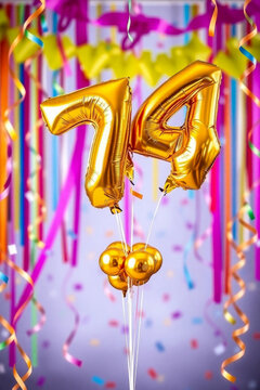 Birthday balloon number seventy four, golden letter figure 74 celebration background AI Generative