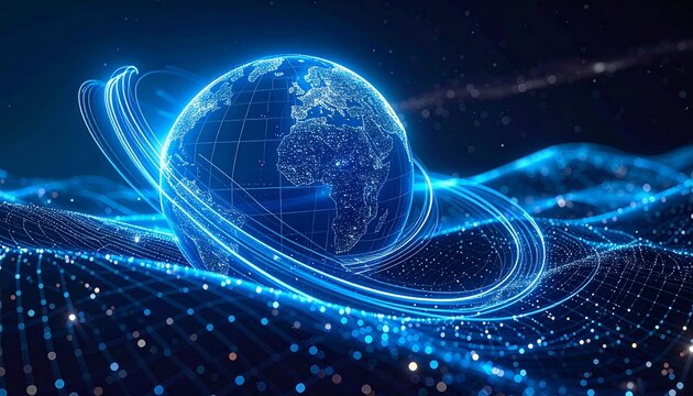 Abstract global business background, rotating digital globe lines, mesh connections, silver-blue neon edges, futuristic 2026 concept.