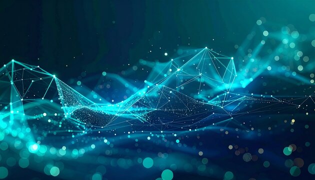 Abstract AI interface backdrop, floating data nodes linked by micro-light connections, transparent glass shapes, gradient turquoise–indigo, modern 2026 branding style - Powered by Adobe