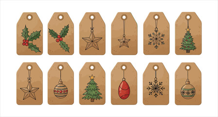 Christmas Gift Tag Set,  Brown Tags with Holiday Icons Including Holly, Snowflakes, Stars, Trees and Ornaments
