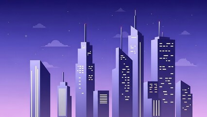 Flat Design City Skyline at Night. Urban Landscape with Modern Skyscrapers and Purple Gradient Sky.