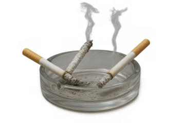 Burning cigarettes in a glass ashtray with smoke rising, symbolizing addiction, unhealthy habits, and smoking cessation