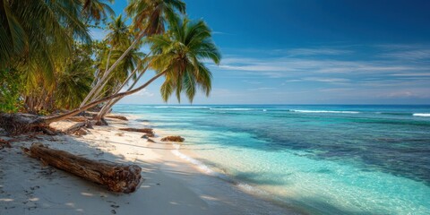 Tropical paradise beach with palm trees and turquoise ocean water under a clear blue sky, perfect for a serene getaway.