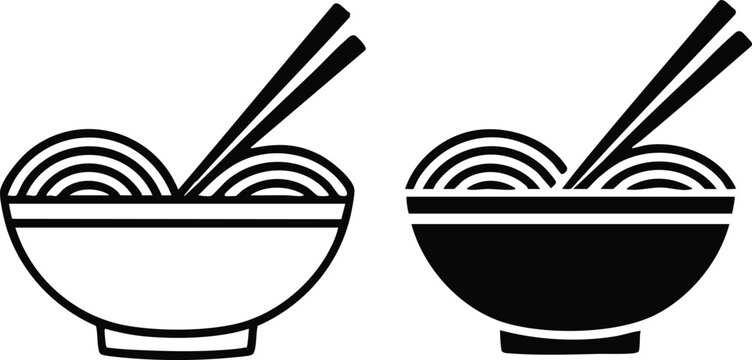 Outline and Filled Bowl of Noodles with Chopsticks Icons, Simple Ramen or Noodle Dish Graphic, Asian Cuisine Vector Icon, Black and White Food Icon - Bowl of Pasta, silhouette, vector, illustration.