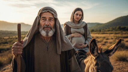Close-up of Joseph with pregnant Mary on a donkey during their journey to Jerusalem in a serene landscape