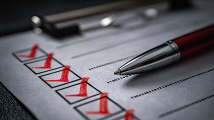 Checklist With Completed Tasks Marked in Red and a Pen Ready for Next Entries on a Work Surface