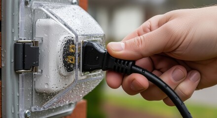Hand plugging a power cord into an outdoor GFCI outlet secured by a sealed inuse cover plate to prevent moisture intrusion.
