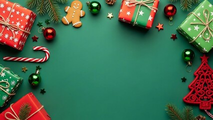 Christmas Flat Lay: Festive Gifts, Ornaments & Pine Branches on Green Background with Copy Space