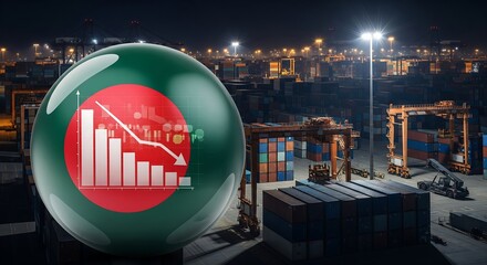Stunning visual concept showing Bangladesh export decline trend over illuminated night shipping port background