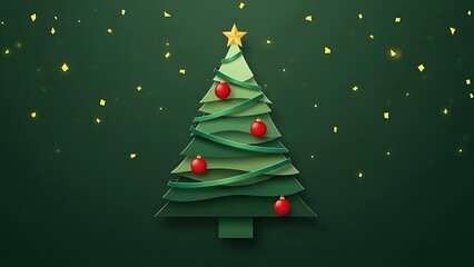 Festive Papercut Christmas Tree with Ornaments and Bokeh Lights on Green Background