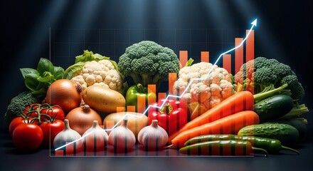 Vibrant fresh vegetables showcase surging food market trends with dynamic upward trending financial graph overlay