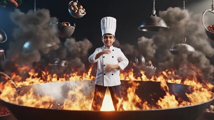 A young chef stands confidently in a fiery wok, surrounded by cooking elements.