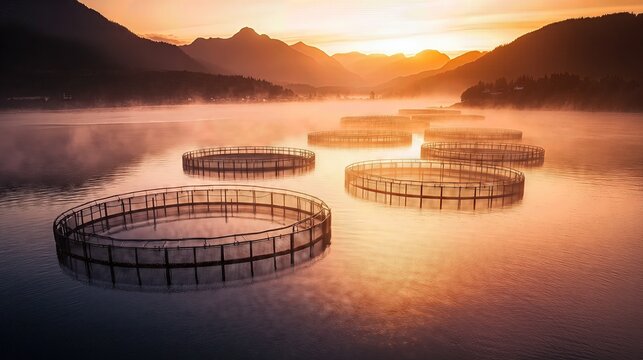 Circular fish farms on a calm lake at sunrise.
