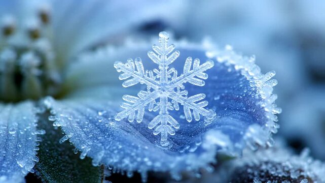 Macro photo of a delicate snowflake resting on frozen petals.
