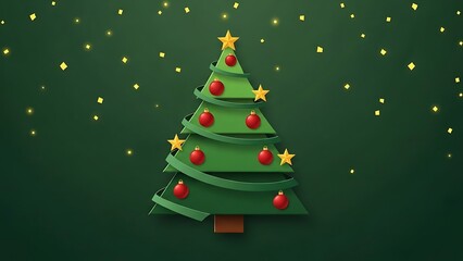 Stylized Christmas Tree with Red Baubles and Yellow Stars on Dark Green Background, Festive Illustration