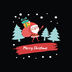 Cute Santa Carrying Gifts in Snowy Forest on Black Background – Merry Christmas Illustration