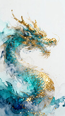 A dragon pattern is formed by tiny, shimmering particles in a gradient of cyan, white, and gold.
