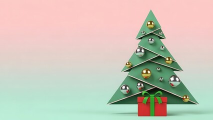 Minimalist Geometric Christmas Tree with Gift Box & Ornaments. Festive Holiday Background Design