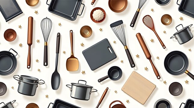Flat lay kitchen wallpaper with black, copper, and wood-tone utensils on light background - Powered by Adobe
