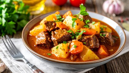 Fototapeta premium Ungarisches Rindergulasch mit Kartoffeln und Karotten – Herzhaftes Eintopfgericht