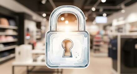 Abstract watercolor illustration of a locked padlock icon overlaying a blurred, brightly lit retail clothing store or shopping mall interior. E-commerce security concept.
