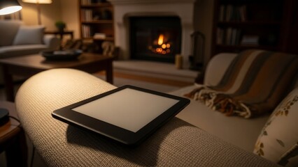 Naklejka premium E-reader resting on couch near fireplace