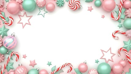 Pastel Christmas Frame: Pink & Mint Ornaments, Candy Canes, Stars. Festive Holiday Border on White Background