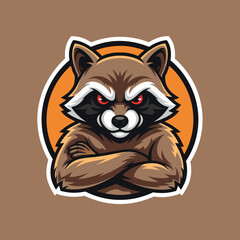 Tough raccoon character with crossed arms and red eyes, an aggressive animal sports mascot emblem vector illustration