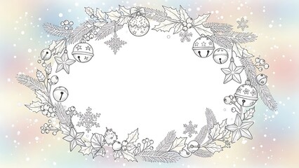 Monochrome Christmas Wreath Frame with Winter Decorations on Pastel Rainbow Background