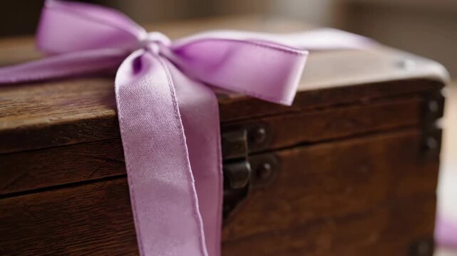 Rustic wooden box tied with a delicate lavender ribbon detail