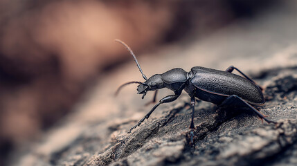 Close up macro shot of a dark beetle on textured bark