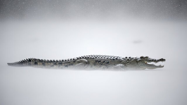 A crocodile with its mouth open, partially submerged in misty or foggy water.