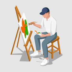 Fototapeta premium A talented artist is passionately painting an abstract masterpiece using vibrant green and orange colors on an easel, showcasing creativity and artistic expression.