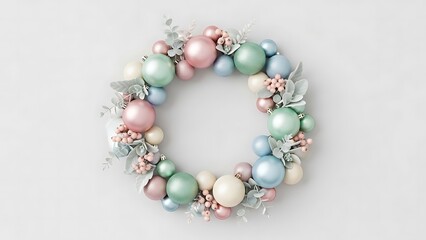 Festive Pastel Ornament Wreath with Silver Leaves on White Background