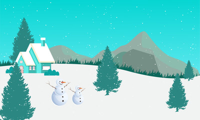 Winter wonderland scene featuring a cozy house, snowmen, and evergreen trees under a starry sky, evoking a sense of peaceful serenity and seasonal joy