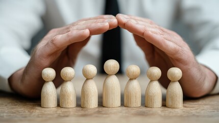Business Executive Protects Employees With Wooden Dolls Representing Care and Safety in the Workplace
