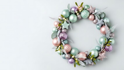 Elegant pastel Christmas wreath with baubles, stars, and mistletoe on a clean white background. Modern holiday decoration.