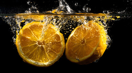 Fresh lemon halves splashing in clear water