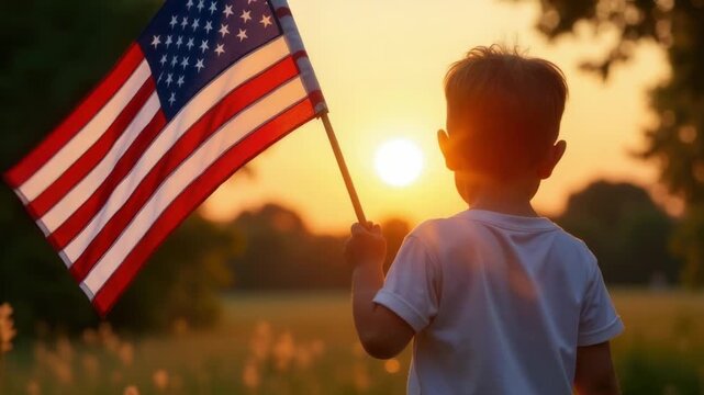 Video Young boy holds American flag in a green field, possibly for a patriotic event or celebration