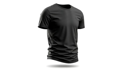 Plain black short-sleeved t-shirt floating on a clean white background, showcasing its simple design and fabric texture.