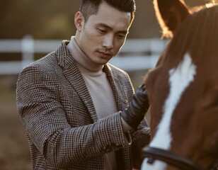 Equestrian Bond: A well-dressed individual shares a tender moment with a horse, their hands gently caressing its face in a gesture of affection and connection.