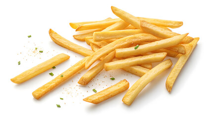 Craving crispy golden fries? Freshly cut and perfectly seasoned, ideal for menus, ads, and more, offering a delicious indulgence on white background