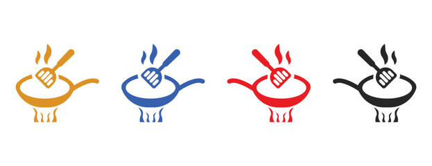 Cooking Icons Showing a Frying Pan on Heat, Spatula Stirring Food