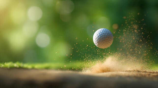 Golf ball exploding from sand bunker during game