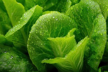 Close-up of fresh green romaine lettuce leaves glistening with water droplets.