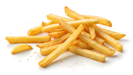 Golden crispy french fries perfect for your menu design or food blog, showcasing delicious comfort food on a clean white surface