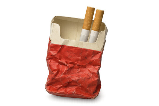Crumpled red cigarette packaging with two tobacco sticks, illustrating addiction and unhealthy lifestyle, transparent background