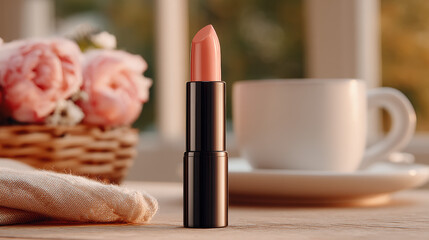 Elegant lipstick in soft nude shade showcasing modern cosmetic design, stylish packaging, and professional quality for beauty enhancement and personal care