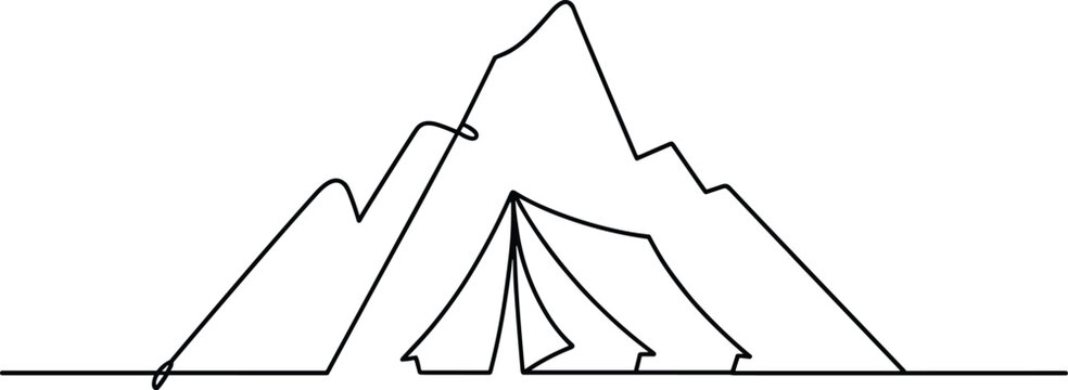 Black outline of a tent in front of jagged mountains - Powered by Adobe